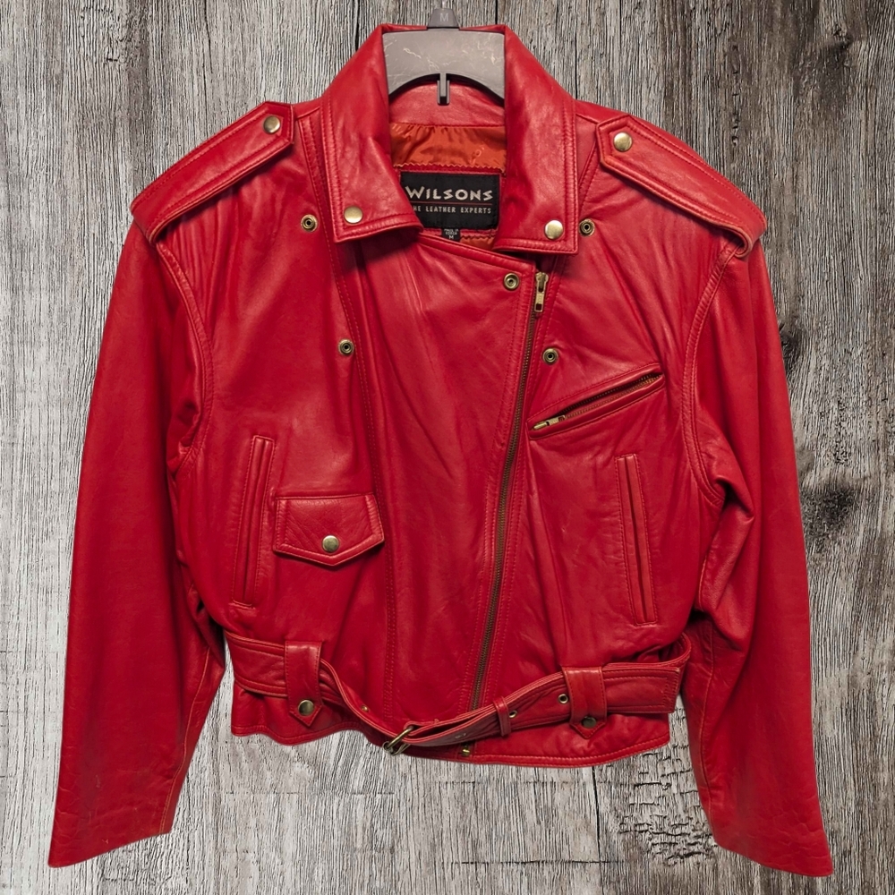 Ladies Leather BIKER JACKET Red Wilsons Vintage 80s Lambskin Belted  size Medium